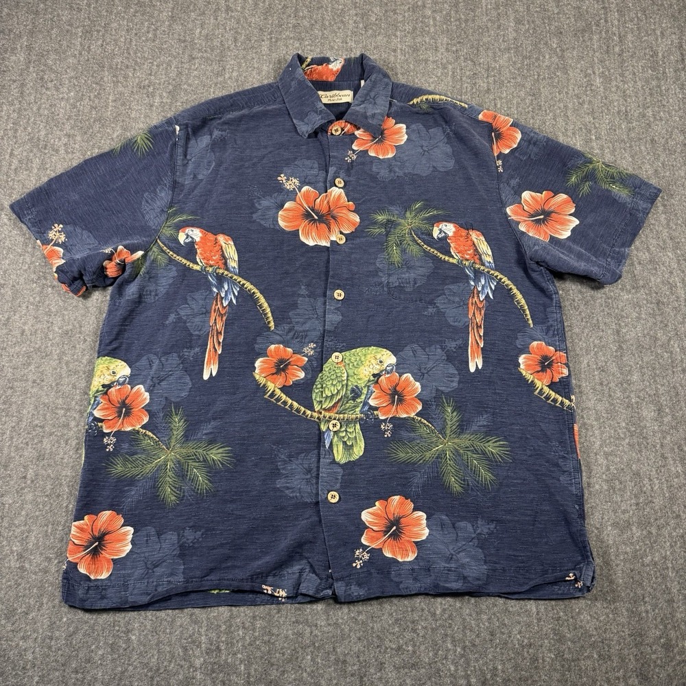 Caribbean Pure Silk Hawaiian Shirt L Parrot Hibiscus Tropical Aloha Navy Blue